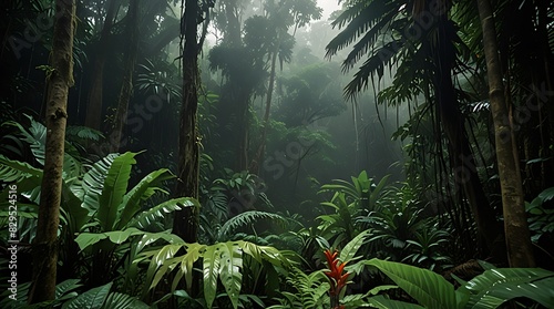  rainforest. The tall trees are covered in vines and other plants photo
