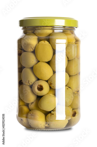 Pitted green olives, pickled in a glass jar with screw cap. Ready to eat Hojiblanca, small Spanish table olives, preserved in lactic acid and salt. Used as a snack, as appetizer or as a garnish. Photo photo