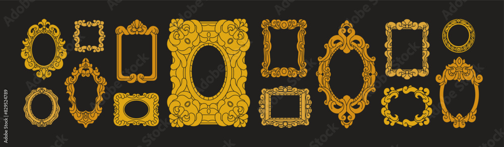 Victorian-style frames set. Antique vintage picture and mirror borders, decorative baguettes. Golden carved design for interior art, painting. Old gallery and museum decor. Flat vector illustrations