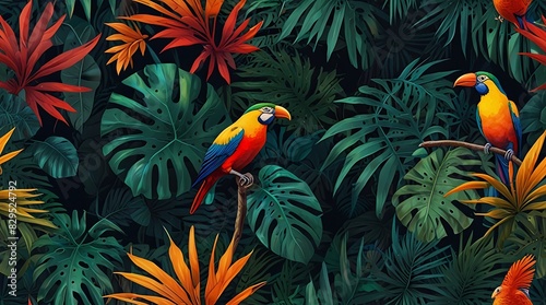 shows two parrots with bright red, yellow,