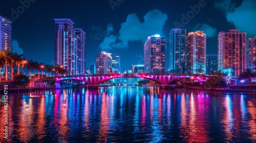 A breathtaking night shot of a bridge over a river  with colorful city lights reflecting on the water and a clear  dark sky.