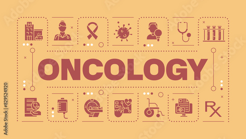 Oncology orange word concept. Cancer diagnostic and treatment. Chemotherapy. Medical care. Visual communication. Vector art with lettering text, editable glyph icons. Hubot Sans font used