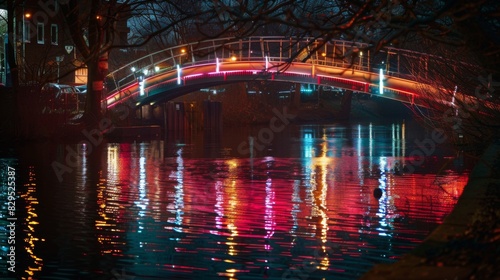 A brightly lit pedestrian bridge over a river, with soft light creating a warm glow on the water at night. photo