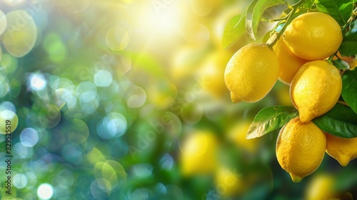 Vibrant bunches of fresh yellow ripe lemons with lush green leaves, lemon tree in soft focus background - organic citrus harvest concept