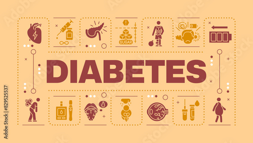 Diabetes peach word concept. Chronic illness. Symptoms and treatment. Blood glucose levels. Visual communication. Vector art with lettering text, editable glyph icons. Hubot Sans font used