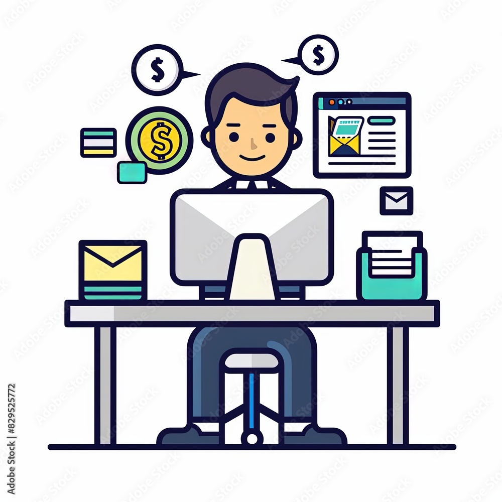 A man is sitting at a desk with a computer and a stack of money A man is sitting at a desk with a computer and a stack of money