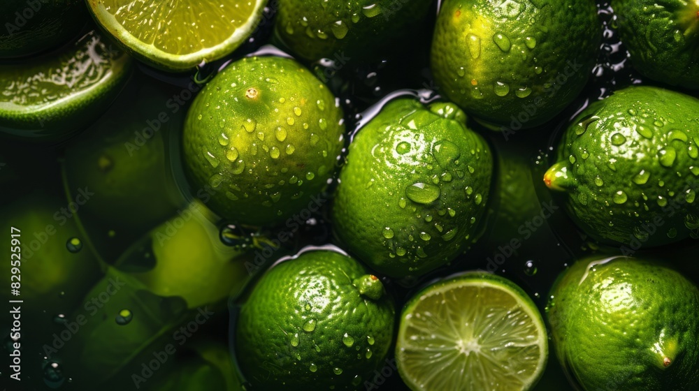 Close up of fresh limes covered in water, top view of vibrant green citrus fruits on food background Close up of fresh limes covered in water, top view of vibrant green citrus fruits on food background