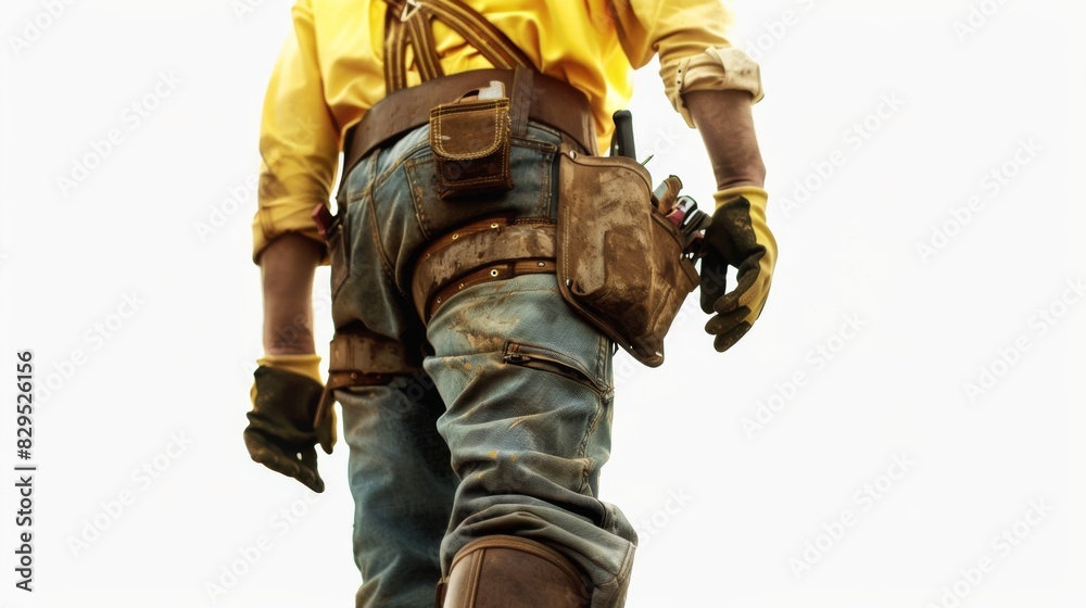 Construction worker in hard hat and tool belt, posed against white background. The focus is on the detailed work gear and construction outfit Construction worker in hard hat and tool belt, posed against white background. The focus is on the detailed work gear and construction outfit