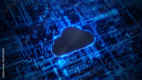 Cloud computing concept on blue circuit board, Abstract background of technology cloud computing with a glowing cloud icon on a blue circuit board. 3d Rendering