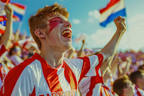 Paraguayan football soccer fans in a stadium supporting the national team, Los Guaranies
