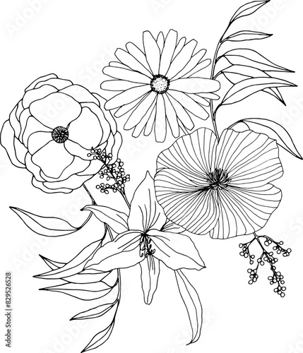 Black and white flower bouquet composition. Floral line art, hand drawn illustration svg (ID: 829526528)