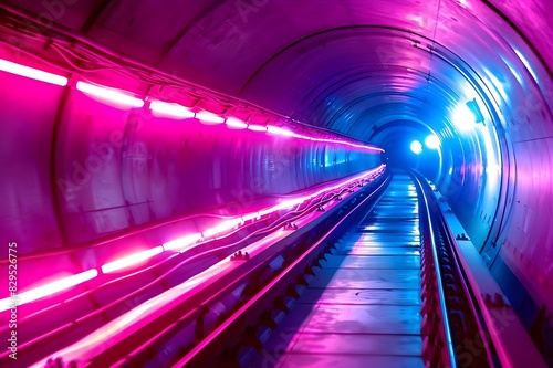 fast underground subway train racing through the tunnels neon pink and blue light