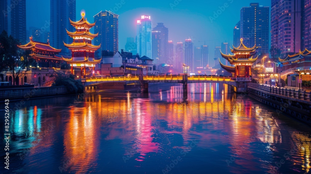 Fototapeta premium A bustling city bridge at night, with colorful LED lights illuminating its sides and vibrant reflections on the river.