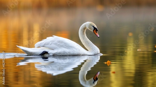 A graceful swan gliding across a tranquil pond  its reflection shimmering in the still waters  radiating serenity and elegance.