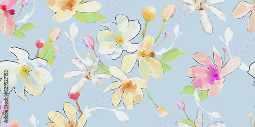 Big abstract watercolor magnolia flowers and buds. Plant background for fashion, wallpapers, print. Trendy floral design