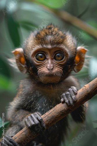 A baby monkey holding onto a branch, looking curious © Veniamin Kraskov