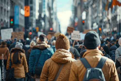 Protesting crowd of people on city street. photo