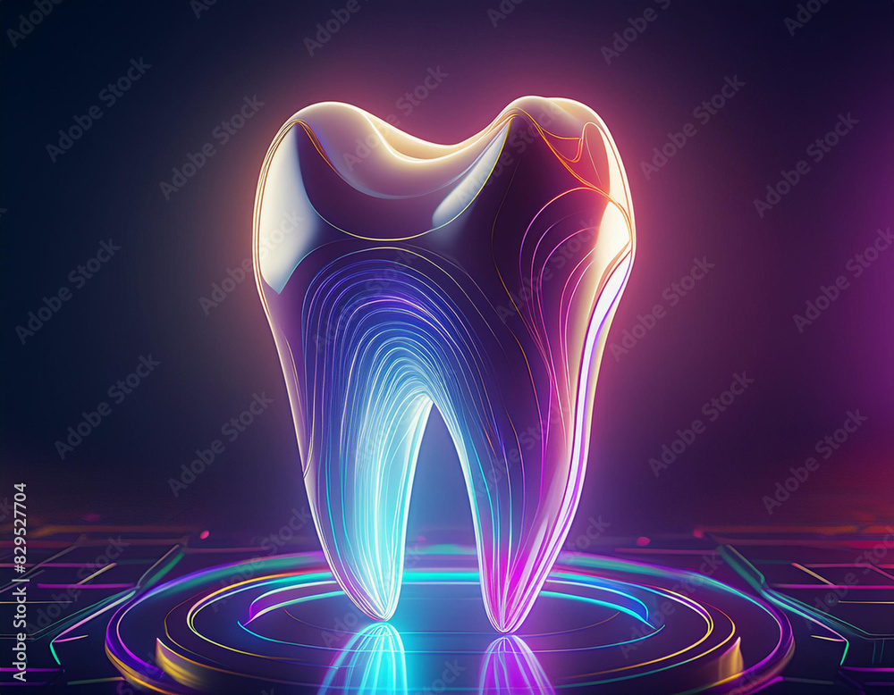 A 3D rendered molar tooth featuring a neon effect, presented in a hyper ...