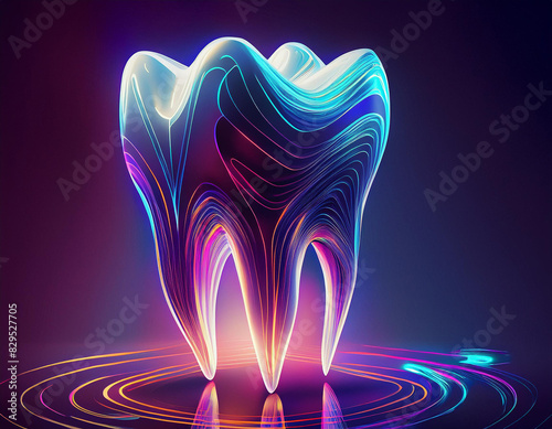 A hyper-realistic 3D rendered molar tooth with a neon effect, showcasing a shiny and vibrant appearance. This image highlights the intricate details and modern design.