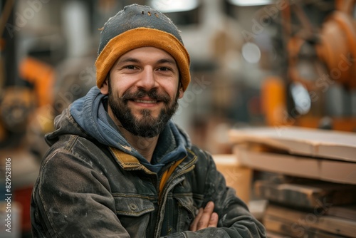 Portrait of carpenter handsome man smiling at factory