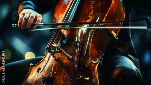 A cellist performing a classical piece with precision and grace, drawing rich, resonant tones from the strings of the instrument.
