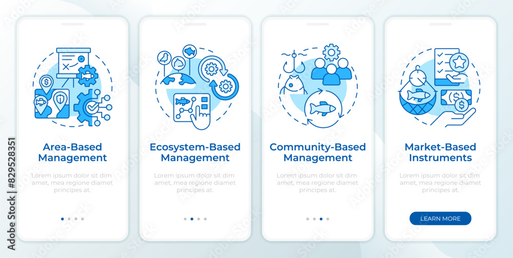 Fisheries strategy types blue onboarding mobile app screen. Walkthrough 4 steps editable graphic instructions with linear concepts. UI, UX, GUI template. Montserrat SemiBold, Regular fonts used
