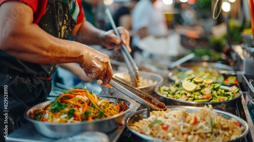 A chef skillfully preparing Thai street food at a bustling market stall, with vibrant ingredients and fresh herbs.