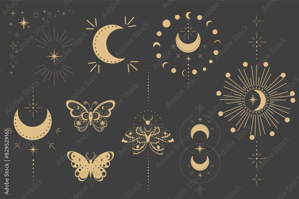 Esoteric frame tattoo gold line border magic sacred moon decoration cover, celelstial mystery esoteric decoration with moth or butterfly, sun, stars on dark background. Esoteric frame tattoo gold line border magic sacred moon decoration cover, celelstial mystery esoteric decoration with moth or butterfly, sun, stars on dark background.