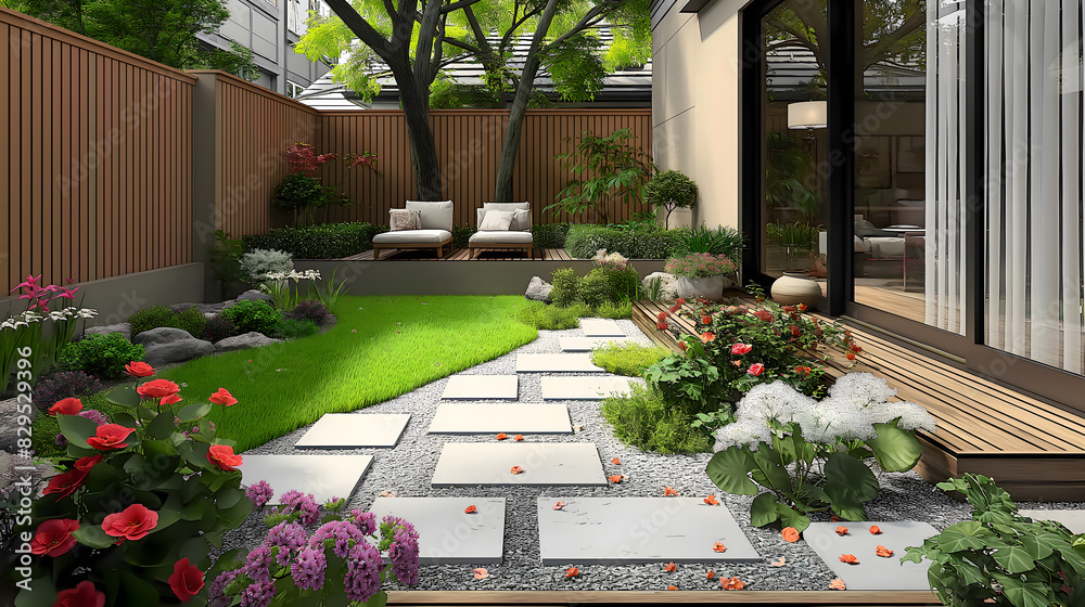 Modern backyard garden with flowers and seating area Modern backyard garden with flowers and seating area