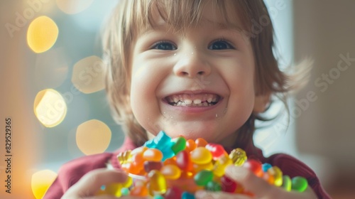 A child happily posing with a handful of candy  their face alight with happiness and a toothy grin.