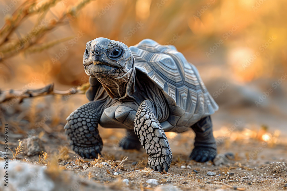 A baby tortoise slowly walking on a sandy path, looking determined