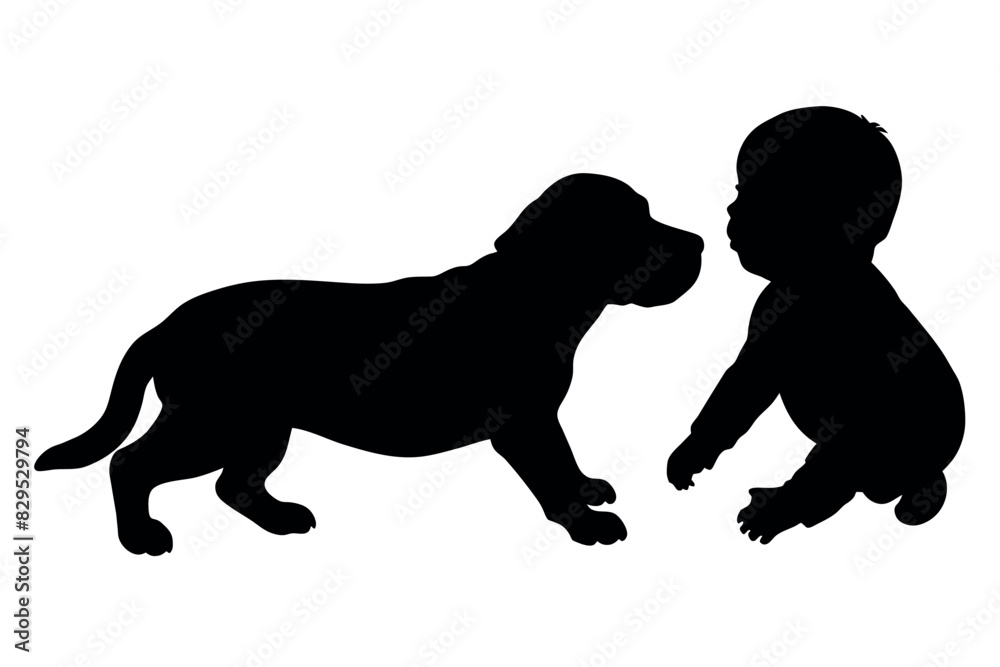 A Baby play with pet dog, they are close each other and enjoy the moment vector silhouette A Baby play with pet dog, they are close each other and enjoy the moment vector silhouette