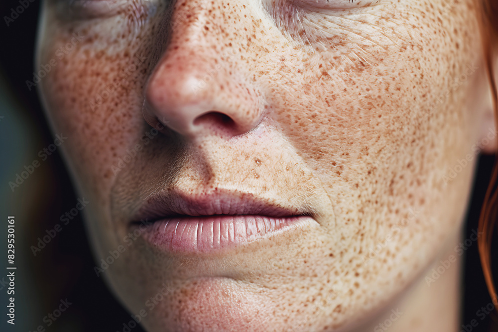 Mature woman face highlighted by freckles closeup. Portrait shows genuine characteristics of redhead accentuating lips symbolizing essence of individuality Mature woman face highlighted by freckles closeup. Portrait shows genuine characteristics of redhead accentuating lips symbolizing essence of individuality