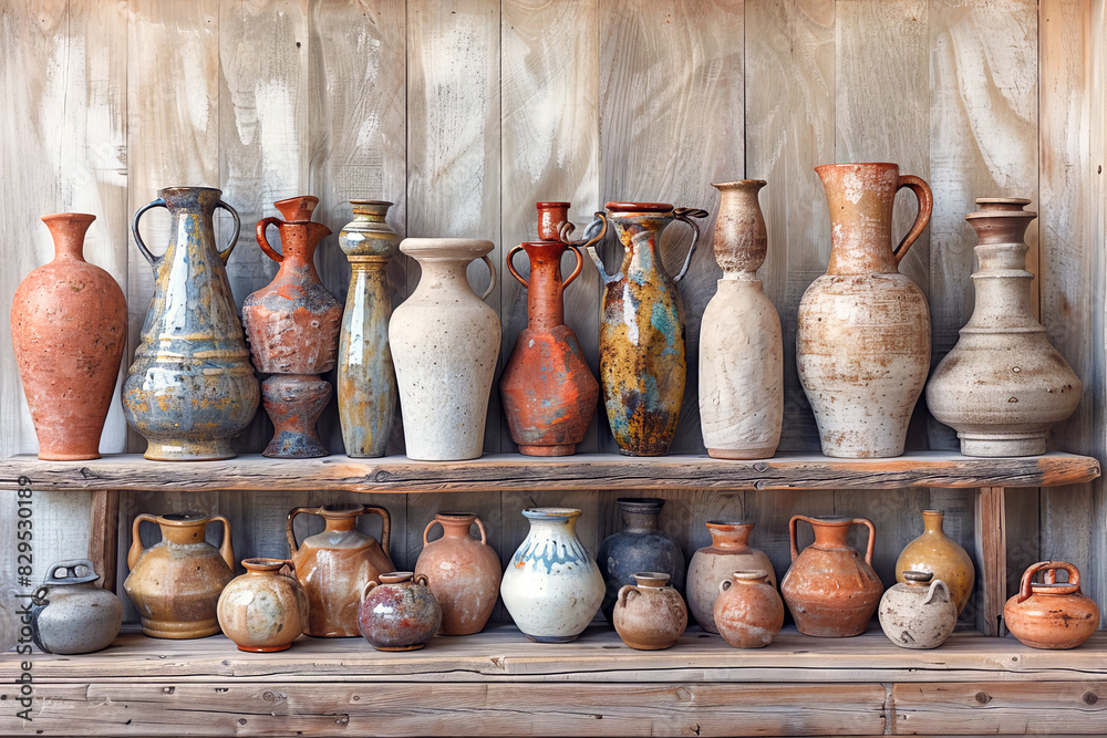 Decorated clay crockery of different shapes on shelves. Earthenware emanates aura of elegance and beauty captivating observers gaze.