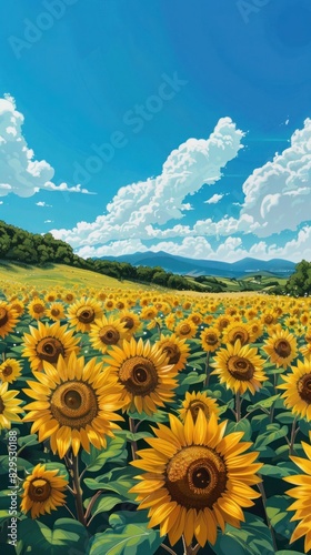 A field of blooming sunflowers swaying gently in the breeze under a clear, azure sky.