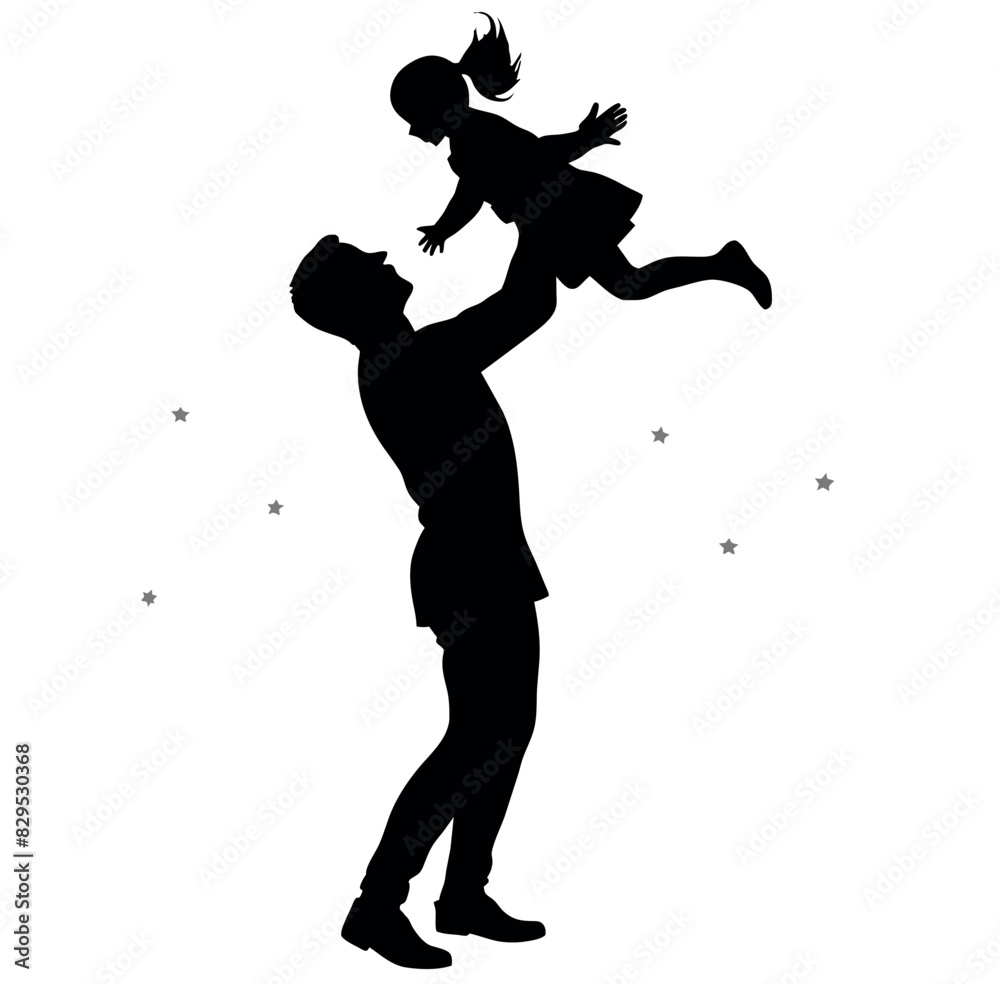 A Father enjoy moment with his Daughter with holding hands on the up above, the Daughter are enjoy the moment vector silhouette