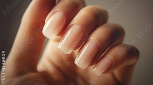 Close up of manicured hand with natural glossy nails. Elegant and well groomed fingers showing nail care
