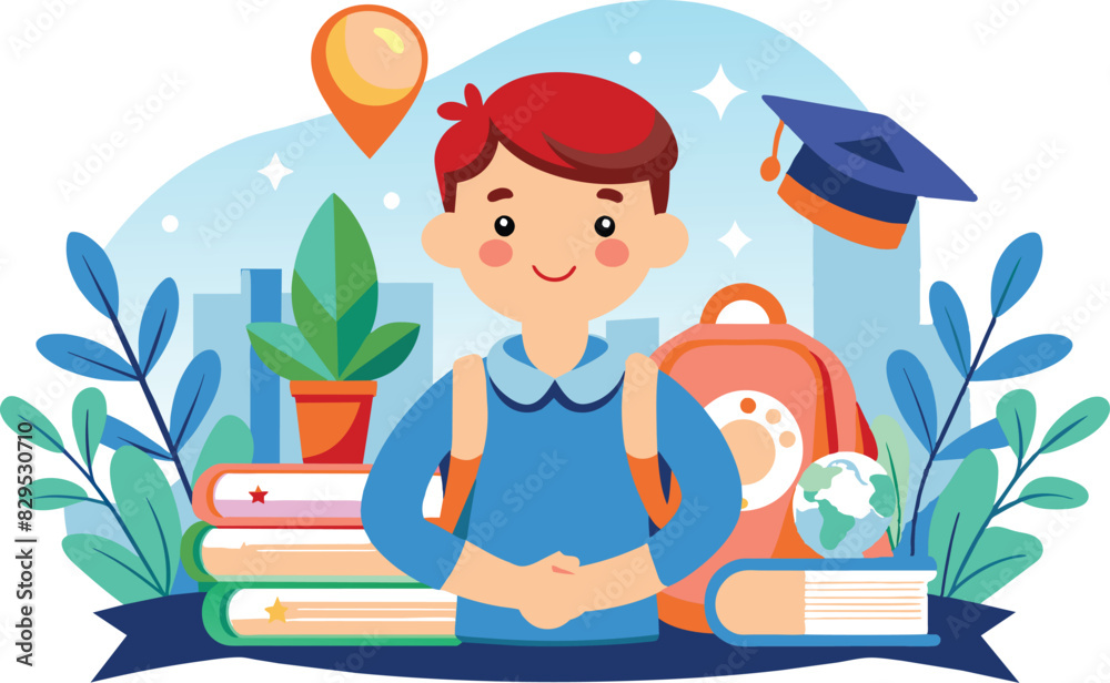 Child ready for back to school, flat illustration, vector illustration.