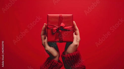 Hands holding a red gift box with a bow. Festive theme. Minimalist style. Perfect for holiday promotions. Ideal for social media posts. AI. photo