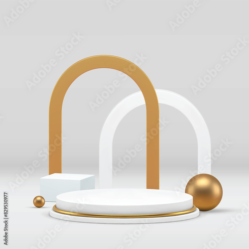 White luxury 3d podium pedestal with golden arch and sphere cube background realistic vector