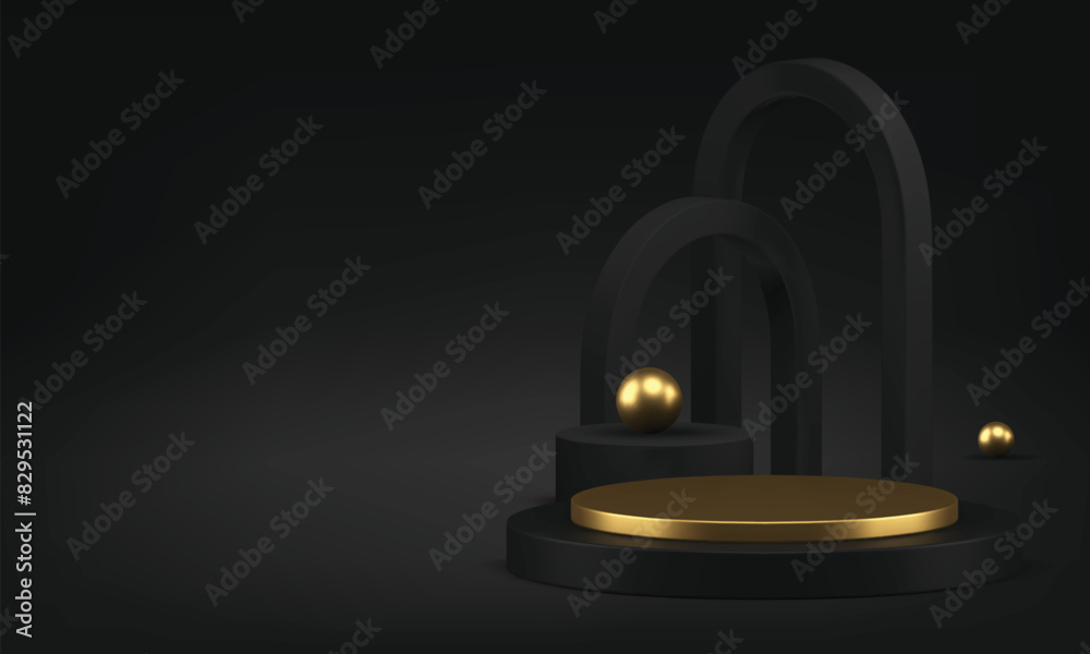 Luxury black 3d podium showroom with golden decor for product presentation realistic vector Luxury black 3d podium showroom with golden decor for product presentation realistic vector