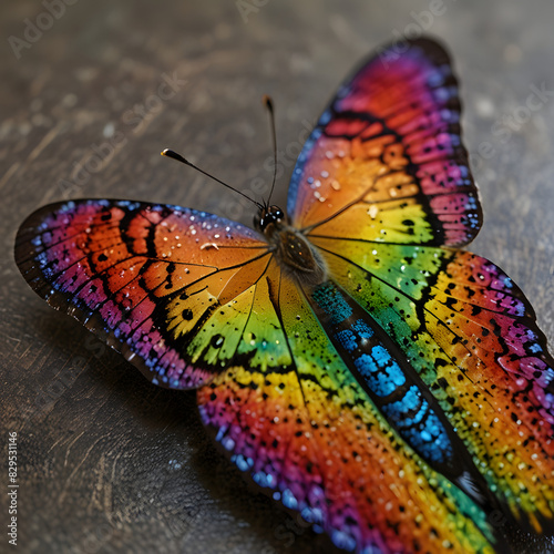butterfly on a wall, close up rainbow butterfly wings symmetrical pattern, Infinity with rainbow butterfly, Colorful butterfly Ai Generative
