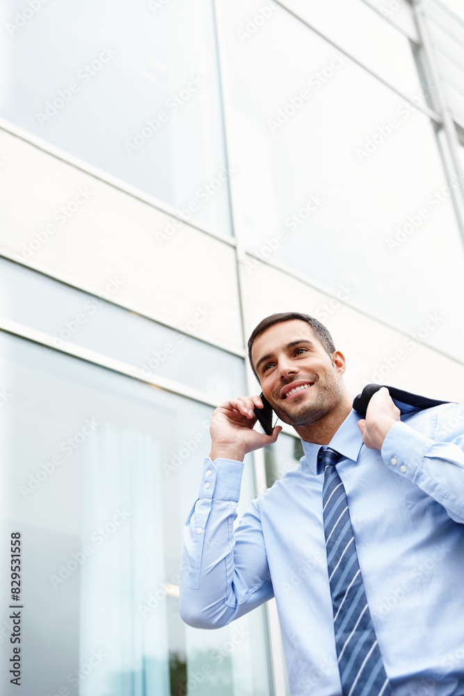 Phone call, walking or happy businessman by outdoor building talking for conversation or deal communication. News, proud banker and financial advisor networking for investment, negotiation or chat Phone call, walking or happy businessman by outdoor building talking for conversation or deal communication. News, proud banker and financial advisor networking for investment, negotiation or chat