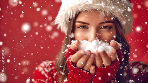 Happy woman enjoying winter and holding snow. Holiday season joy. Warm clothes with a red background. Christmas themed photo for seasonal use. AI