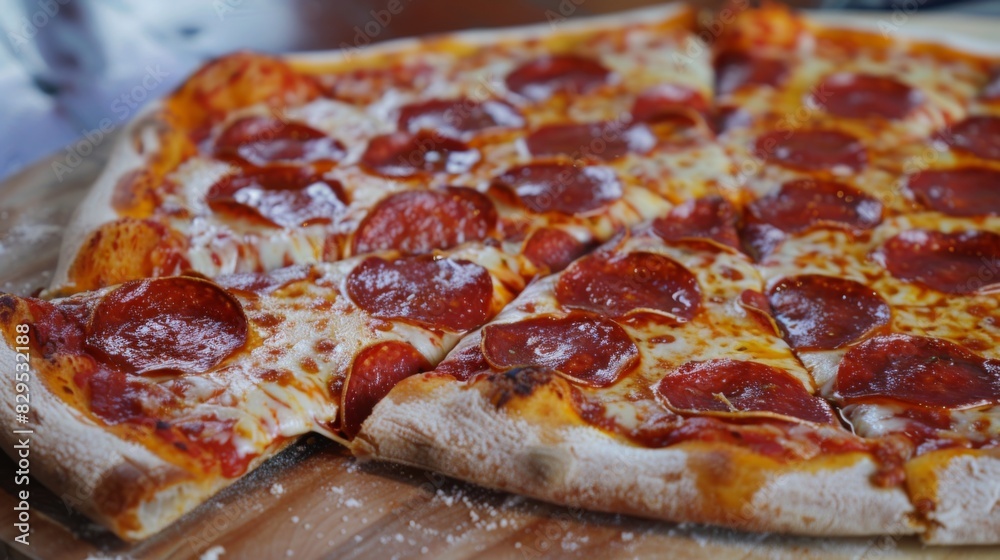 A classic New York-style pizza with a thin crust, gooey cheese, and pepperoni slices, ready to be enjoyed by the slice. A classic New York-style pizza with a thin crust, gooey cheese, and pepperoni slices, ready to be enjoyed by the slice.