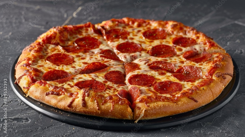 A classic New York-style pizza with a thin crust, gooey cheese, and pepperoni slices, ready to be enjoyed by the slice.