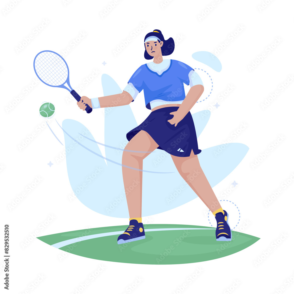 Flat design of female tennis player in action hitting the ball