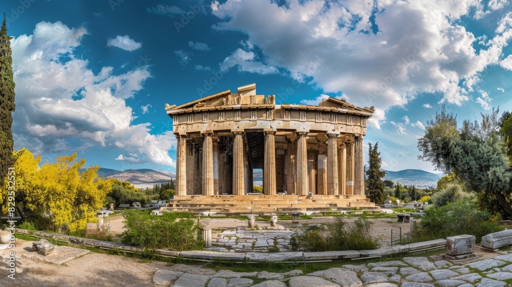 A panoramic view of the majestic Temple of Hephaestus, a well-preserved Doric temple in Athens A panoramic view of the majestic Temple of Hephaestus, a well-preserved Doric temple in Athens