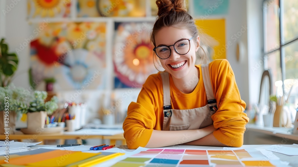 Happy Young Interior Designer Exuding Joy and Success in the Creative Process of Crafting Modern Spaces Happy Young Interior Designer Exuding Joy and Success in the Creative Process of Crafting Modern Spaces