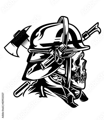 Fire Fighter Skull Illustration, Fireman Clipart, Firefighter Dad Gift Idea Stencil, Fire Department Monogram Vector, Pickaxe and Halligan Tool Cut File photo